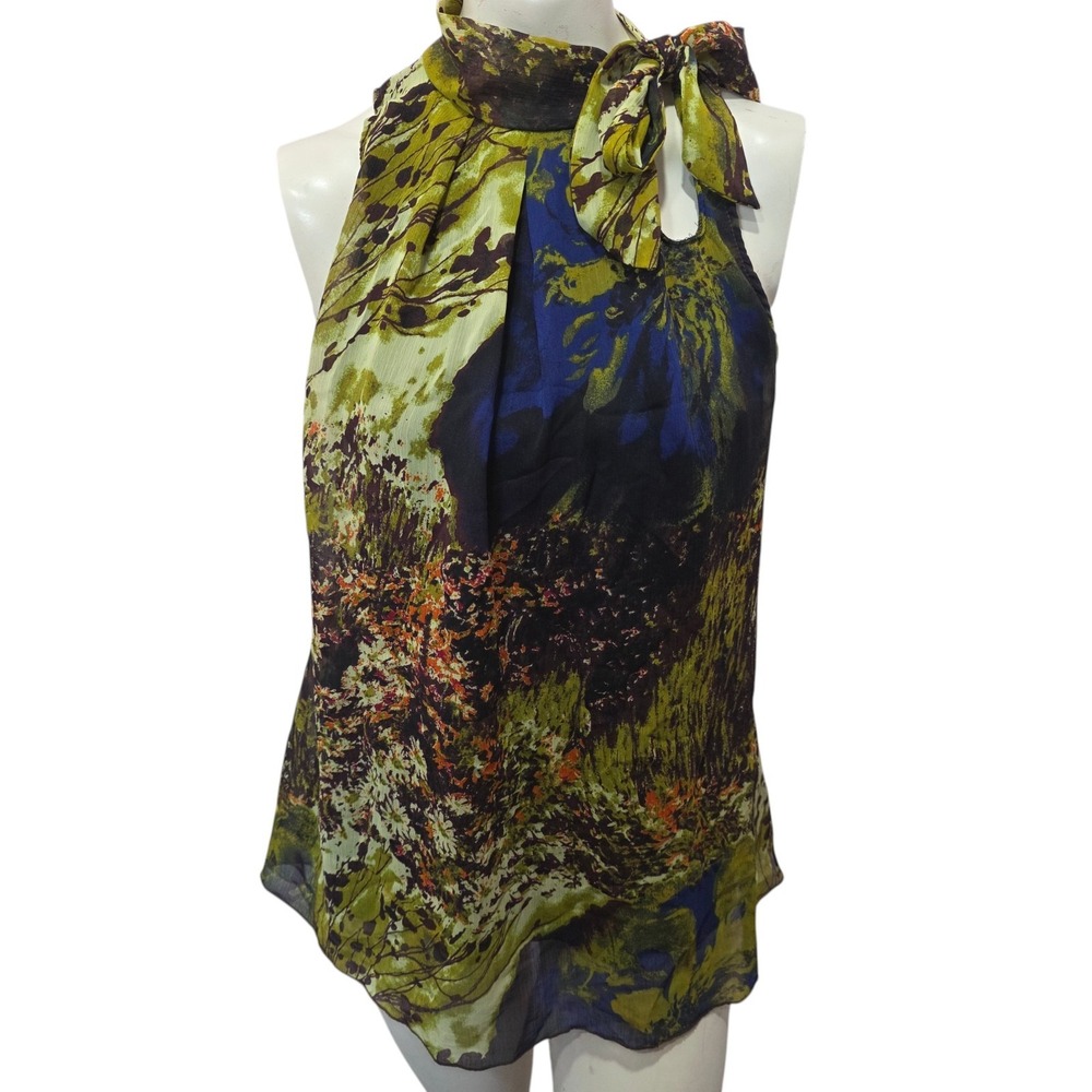 Miuse Floral Halter Tie Neck Blouse Sleeveless Sheer Abstract Print Women's Top